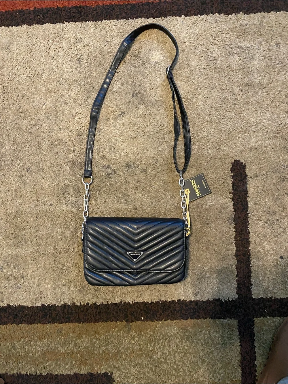 Black Quilted Chevron Shoulder Bag with Chain Strap